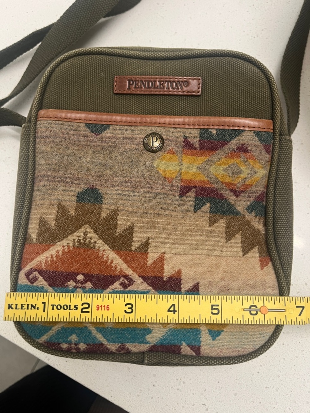 Pendleton Highland Peak Tan & Olive Green Crossbody Satchel Wool Bag - Picture 8 of 12